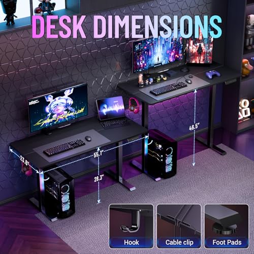 Veken 55 Inch Large Electric Standing Gaming Desk, Heights Adjustable,Sit to Stand Up, Work Home Office Computer Table for Study, Walking Pad, Writing, and Games, Wooden Desktop Desks, Black