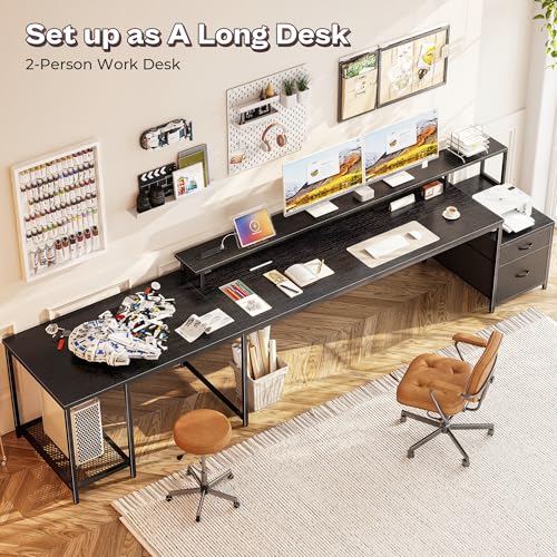 PRAISUN 66" L Shaped Gaming Desk with LED Lights & Power Outlets, Computer Desk with Fabric Drawers and Print Stand, Corner Office Desk, Monitor Stand, Mesh CPU Stand, Black