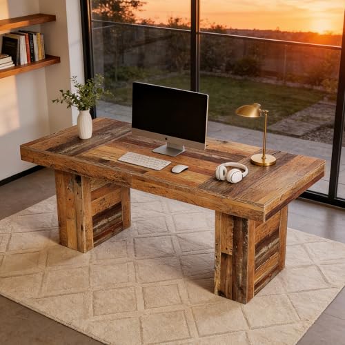 Tribesigns 63" Large Executive Desk, Farmhouse Computer Office Desk Wooden Writing Table Rustic Rectangle Business Workspace Table for Home Office, Distressd Rustic Brown