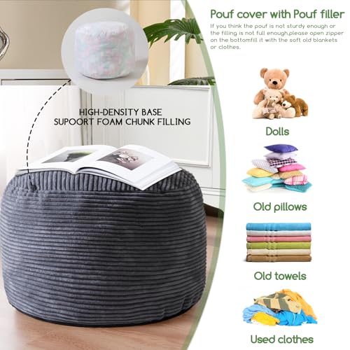 HIGOGOGO Round Stuffed Pouf Ottoman, Corduroy Poufs with Foam Chunk Filling, Furry and Fluffy Pouf Foot Stool Storage Ottoman, 20 X 15 Floor Poufs Foot Rest for Living Room, Dark Grey