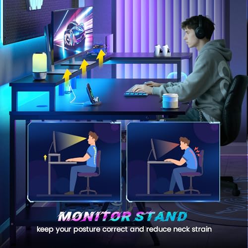 SEDETA Gaming Desk 70.8'' with LED Lights and Storage Shelves, Computer Desk with Monitor Stand, Power Outlets and Cup Holder, Large PC Gamer Desk, Gaming Table for Bedroom, Living Room, Black