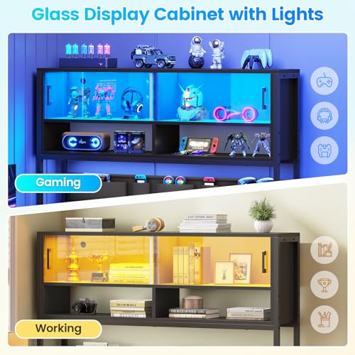 SEDETA L Shaped Gaming Desk, Home Office Computer Desk with 2 Drawer and Bookshelf, L Shaped Gaming Desk with LED Light, Glass Cabinet and Storage Bag, Corner Desk with Storage Shelves, Black