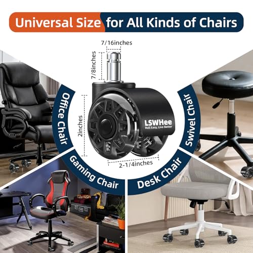 2'' Office Chair Wheels, Heavy Duty Desk Chair Caster Wheels Replacement, Mute Rubber Rotating Chair Wheels for Hardwood, Floors, Carpet, Universal Standard Stem Size Fit, Set of 5 (Black)