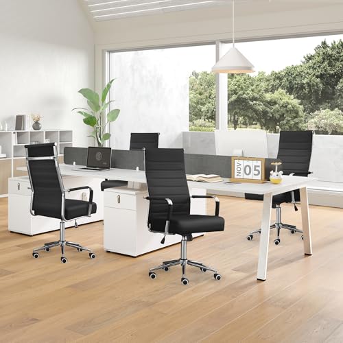 Office Desk Chair, Leather Conference Room Chairs with High Back,Wheels and Arms, Modern Ergonomic Ribbed Height Adjustable Swivel Executive Chair for Home Office (Black)
