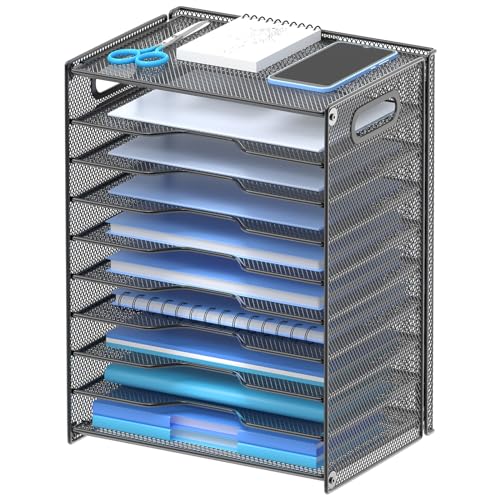 OUTWOLF 10 Tier Paper Organizer - Letter Tray Mesh Desk File Organizer with Handles for Office School Desktop, Black