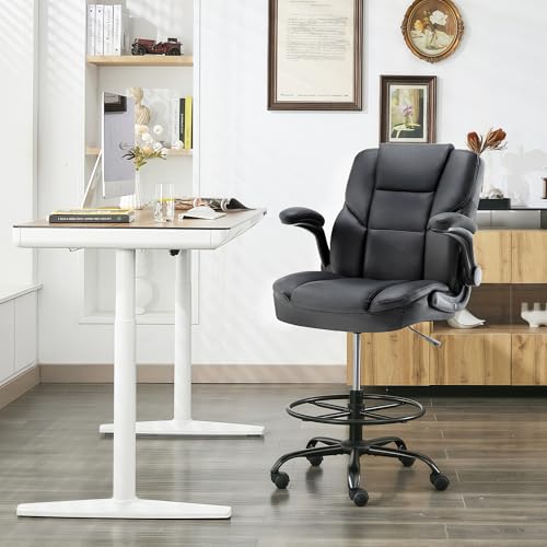 Drafting Chair 500Lbs, Tall Office Chair for Standing Desk, High PU Leather Executive Office Chair with Flip-up Armrests, Ergonomic High Chair with Adjustable Foot Ring, Comfy Stool Chairs, Black