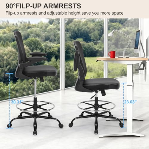 Bondesin Drafting Chair Tall Office Chair with PU Leather Seat, 400lbs Ergonomic Standing Desk Chair with Lumbar Support,Counter Stool with Adjustable Footrest Ring & Flip-up Armrests,Black