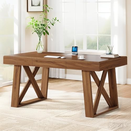 Tribesigns 55 Inch Walnut Computer Desk with Drawer, Mid-Century Farmhouse Executive Desk, Rustic Wide Desktop Home Office Desk for Workstation