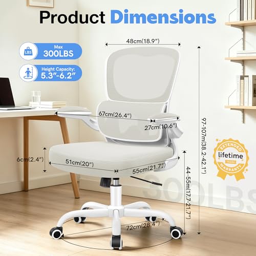 ALLGOD Ergonomic Office Chair, Breathable Mesh Ergonomic Desk Chair with Adjustable Lumbar Support, Flip-up Armrests, Computer Chairs Comfortable for Home, Office, Work, 300lbs, White, Upgrade