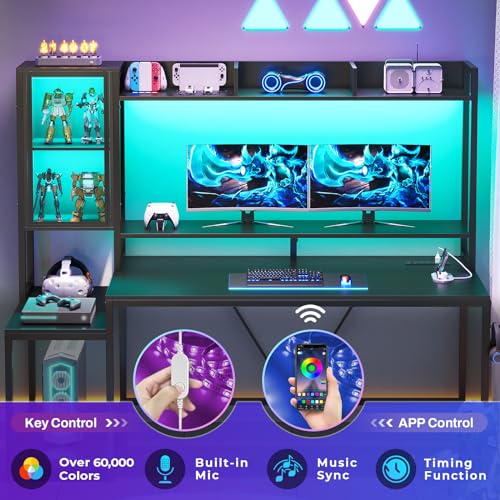SEDETA Gaming Desk, 60'' Gaming Desk with Hutch and LED Lights, Computer Desk with Storage Shelves, Large PC Gamer Desk with Display Cabinet, Monitor Stand, Power Outlet for Home Office, Black