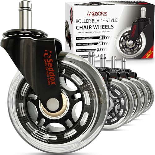 SEDDOX Office Chair Wheels Replacement Set of 5 - Desk Chair Casters for Hardwood & Carpet - Heavy Duty & Safe for All Floors - Universal Fit for Most Computer Gaming & Office Chairs - 3 Inch