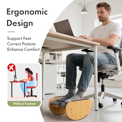 Amazer Bamboo Under Desk Footrest with Cushion 3-in-1, Reversible Ergonomic Wood Rocking Foot Rest for Under Desk at Work, Adjustable Foot Stools with Washable Cover, Desk Leg Rest for Home Office