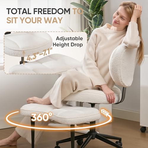 EGSEAT Criss Cross Office Chair with Wheels, Adjustable-Height Backrest & Swivel Footrest, Ergonomic Cross Legged Chair with Leg Rest for Kneeling Meditation Yoga ADHD, Beige Teddy Fleece