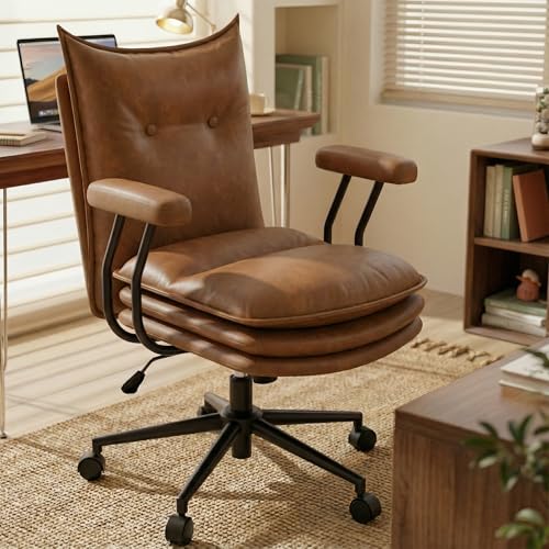 Sucrever Brown Leather Office Chair with Triple-Layer Seat, Home Desk Chair