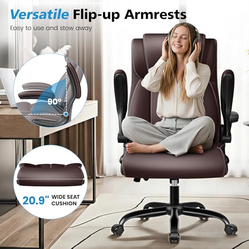 Stella Mia Ergonomic Office Chair – High Back Executive Leather Desk Chair with Inflatable Lumbar Support for Back Pain, Heavy-Duty Computer Desk Chair for Long Workdays, Coffee