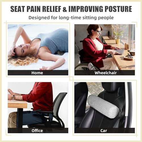 Lumbar Roll Pillow for Lower Back, Lumbar Support Foam Roll Cushion with Pillowcase and Upgraded Strap for Office, Chair, Car, Seat Pain Relief & Improving Posture (Light Grey, Short-11*4.3'')