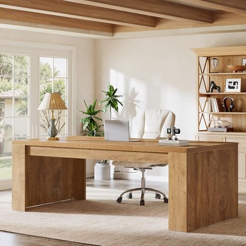 Tribesigns Executive Office Desk, 70.9-Inch Large Farmhouse Wooden Computer Desk with Sturdy Double Pedestal Legs, Writing Workstation Business Furniture for Home Office (Brown)