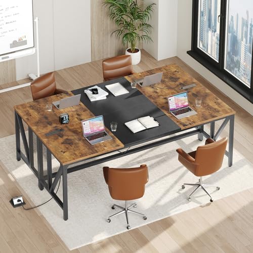 YATINEY 70.9" Computer Desk with Power Outlets, Gaming Desk, Large Office Executive Desk Workstation, Business Furniture for Home Office, Study, Rustic Brown and Black DN18UBR