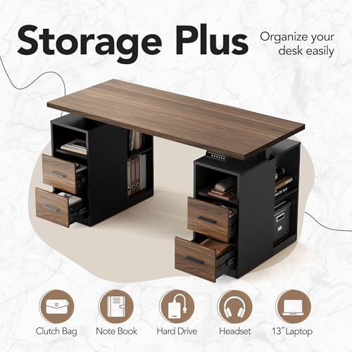 HUANUO 55" Standing Desk with Drawers, Executive Electric Height Adjustable Stand Up Desk with Storage, Computer Workstation for Home Office, Black Walnut