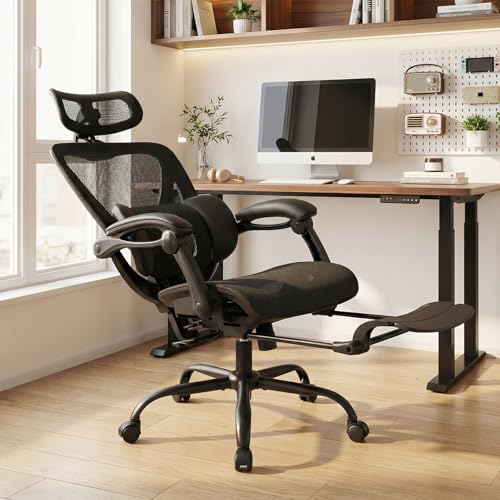 MALOL Ergonomic Mesh Office Chair with Footrest, Executive High Back Computer Desk Chair with 3D Adjustable Headrest & 5-Level Lumbar Support, Reclining Tilt Lock, 3D Arms, 300LBS Capacity, Black
