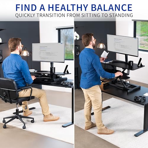 VIVO 36 inch Electric Motor Desk Converter, Height Adjustable Riser, Sit to Stand Dual Monitor and Laptop Workstation with Wide Keyboard Tray, Black, DESK-VE36B