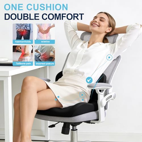 BANKQF Seat Cushion for Office Chair and Car, L-Shaped Ergonomic Car Seat Cushions, Memory Foam Chair Cushion, Lumbar Support Pillow for Wheelchair, Car, Home, Office, Desk, Black