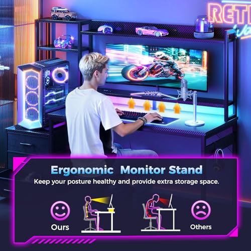 Casaottima 48 Inch Gaming Desk with Hutch & 3 Fabric Drawers, Computer Desk with USB Ports & LED Lights, Reversible Pc Gamer Table with Monitor Stand for Home Office, Carbon Fiber Black