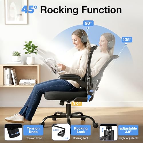 ALLGOD Ergonomic Office Chair, Breathable Mesh Ergonomic Desk Chair with Adjustable Lumbar Support, Flip-up Armrests, Computer Chairs Comfortable for Home, Office, Work, 300lbs, Black, Upgrade