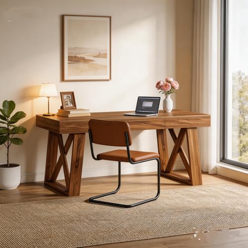 Tribesigns 55 Inch Walnut Computer Desk with Drawer, Mid-Century Farmhouse Executive Desk, Rustic Wide Desktop Home Office Desk for Workstation