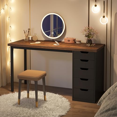 Tribesigns Computer Desk with 5 Drawers, 47 inches Rustic Brown Home Office Desk with Storage, Modern Simple Laptop Desk Study Writing Table for Small Spaces (1, Brown+Black)