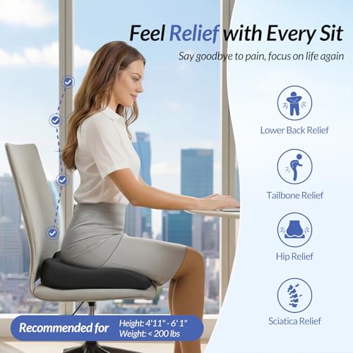 ZIKEE Ergonomic Seat Cushion with Thigh Slope for Long Sitting, Memory Foam Office Chair Cushion for Car, Home, U-Shaped Design Relieves Hip, Tailbone Pain, Non-Slip Sciatica Pain Relief Pillow