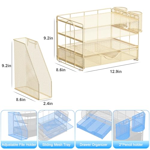 gianotter Desk Organizers and Accessories with File Holder, 4-Tier Desk Accessories & Workspace Organizers with Drawer and 2 Pen Holder, Paper Organizer for Office Supplies(Gold)