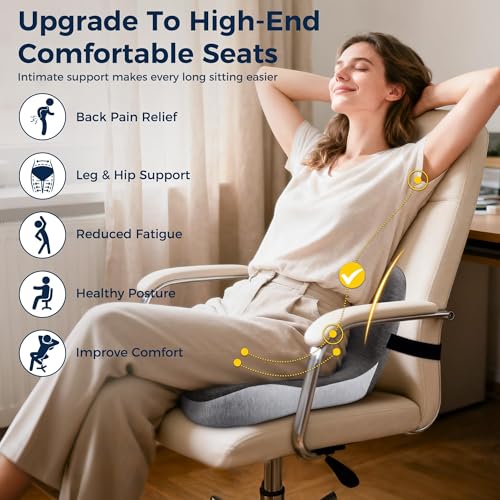 Seat Cushion, Office Chair Cushions for Tailbone Relief, Seat Cushions for Office Chair with L-Shaped Ergonomic Design & Adjustable Strap, Memory Foam Chair Cushion for Long Sitting Worker(Black Gray)