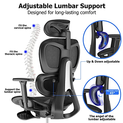 PatioMage Ergonomic Office Chair with Footrest, Big and Tall Desk Chair with Adjustable Lumbar Support, Seat Depth & 3D Armrests, High Back Mesh Computer Chair for Home Office, Black