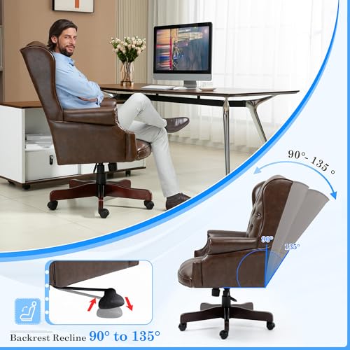 Big and Tall Executive Office Chair, Ergonomic 360° Swivel Recliner Chair, Retro Brown Faux Leather Home Office Desk Chairs w/Button Tufted Wingback Comfy Luxury Heavy Duty 500 Lb & Height Adjustable