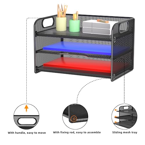 Samstar 3 Tier Letter Tray Paper Organizer with Handle, Mesh Desk Organizer Paper Sorter File Rack Shelves, Black