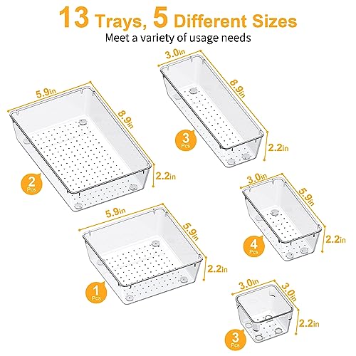 SMARTAKE 13-Piece Drawer Organizers with Non-Slip Silicone Pads, 5-Size Desk Bathroom Drawer Organizer Trays Storage Tray for Makeup, Jewelries, Utensils in Bedroom Dresser, Office and Kitchen, Clear