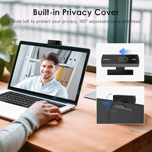 VIZOLINK 1080P Webcam with Built-in Microphone, W2N Web Cam, Privacy Cover, 75° FOV, Noise Cancellation, Plug & Play Web Camera for Computer, USB Webcam for Pc, Laptop, Desktop, Mac
