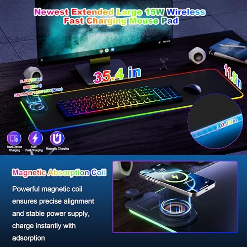 HAUTOCO Wireless Charging Mouse Pad 15W RGB Gaming Mousepad Waterproof Desk Mat with Phone Holder 35.4''x11.8'' Extra Large Desk Pad Non-Slip Base Computer Keyboard Mat for PC Laptop, Black