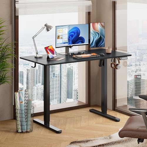 DEVAISE 48 Inch Electric Standing Desk, Adjustable Computer Desk for Home Office, Ergonomic Sit to Stand Desk with LED Touchscreen，Headphone Hook, 3 Memory Preset, with Split Top, Black