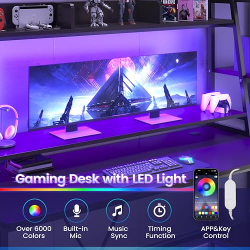 SEDETA Gaming Desk 78.8'' with LED Lights, Hutch and Storage Shelves, Computer Desk with Monitor Stand, Large PC Gamer Desk Workstation, Ergonomic Gaming Table for Bedroom, Living Room, Black