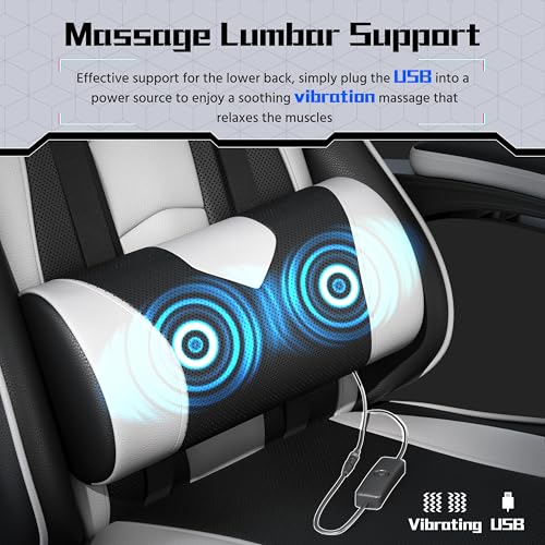 Yaheetech Gaming Chair with Electric Massage Lumbar Support, Footrest & Headrest — Ergonomic High Back Recliner for Home Office, Computer Desk Chair, Height Adjustable, 300 lbs, Black/White
