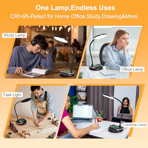 Sailstar Desk Lamp for Home Office, Small Desk Lamp with Wireless Charger, Dimmable 3 Color Modes Study Lamp, Adjustable Neck 800LM Eye-Caring Desk Light, Bedside, College Dorm, Adapter Included