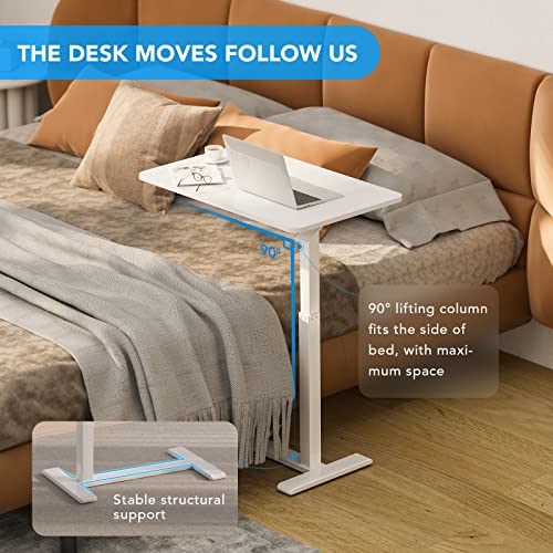 FLEXISPOT H7 Adjustable Overbed Bedside Table with Wheels Pneumatic Mobile Standing Laptop Desk Rolling Computer Cart Movable Overbed Table Hospital Home Use (31.5" W x 17.7" D, White Large)