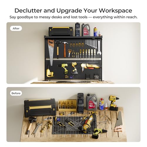 EUREKA ERGONOMIC Metal Pegboard, 43x34inch Clam on Desk Pegboard with Dual Monitor Stand, Garage Pegboard with 4 Accessories, Desk Shelves for Tool organizer, Office, Gaming Desk, Workbench, Black