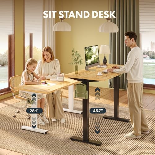 FLEXISPOT Solid Bamboo Standing Desk, 55" x 28" Real Bamboo Desktop with Natural Grain, Durable & Sustainable Workstation for Home Office and Multi-Monitor Setups (White Frame)