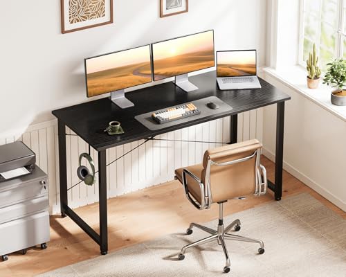 Casaottima 48 Inch Small Computer Desk for Home Office, Study Writing Table for Small Spaces, Simple Modern Desk with Headphone Hooks, Pure Black