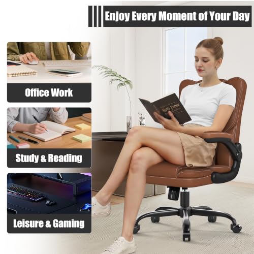 Ergonomic Office Chair with Flip-up Armrests, 300lbs Mid Back Computer Desk Chair with Lumbar Support, Executive Leather Chair with Rocking Function Adjustable Height for Home Office