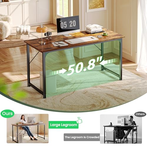 Huuger Computer Desk, 55 Inch Home Office Desk, Gaming Writing Work from Home Study Desk, Large Legroom, Sturdy Metal Frame, Modern Simple, Rustic Brown