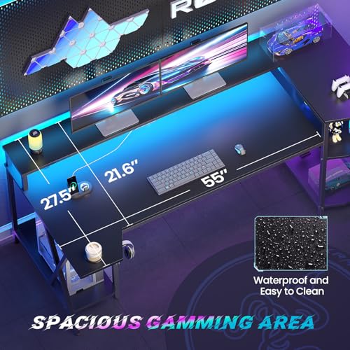 SEDETA Gaming Desk 70.8'' with LED Lights and Storage Shelves, Computer Desk with Monitor Stand, Power Outlets and Cup Holder, Large PC Gamer Desk, Gaming Table for Bedroom, Living Room, Black